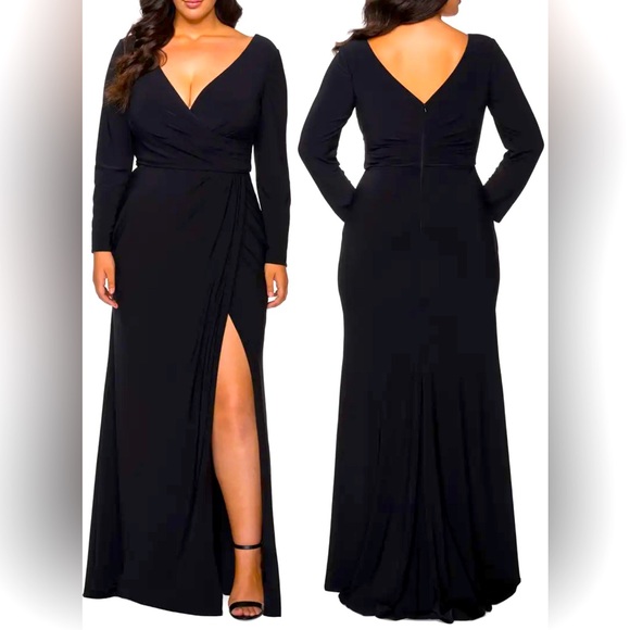 La Femme Dresses & Skirts - 🏆 🍷HP🍷 La Femme Long Sleeve Faux Wrap Gown in Black Size 20